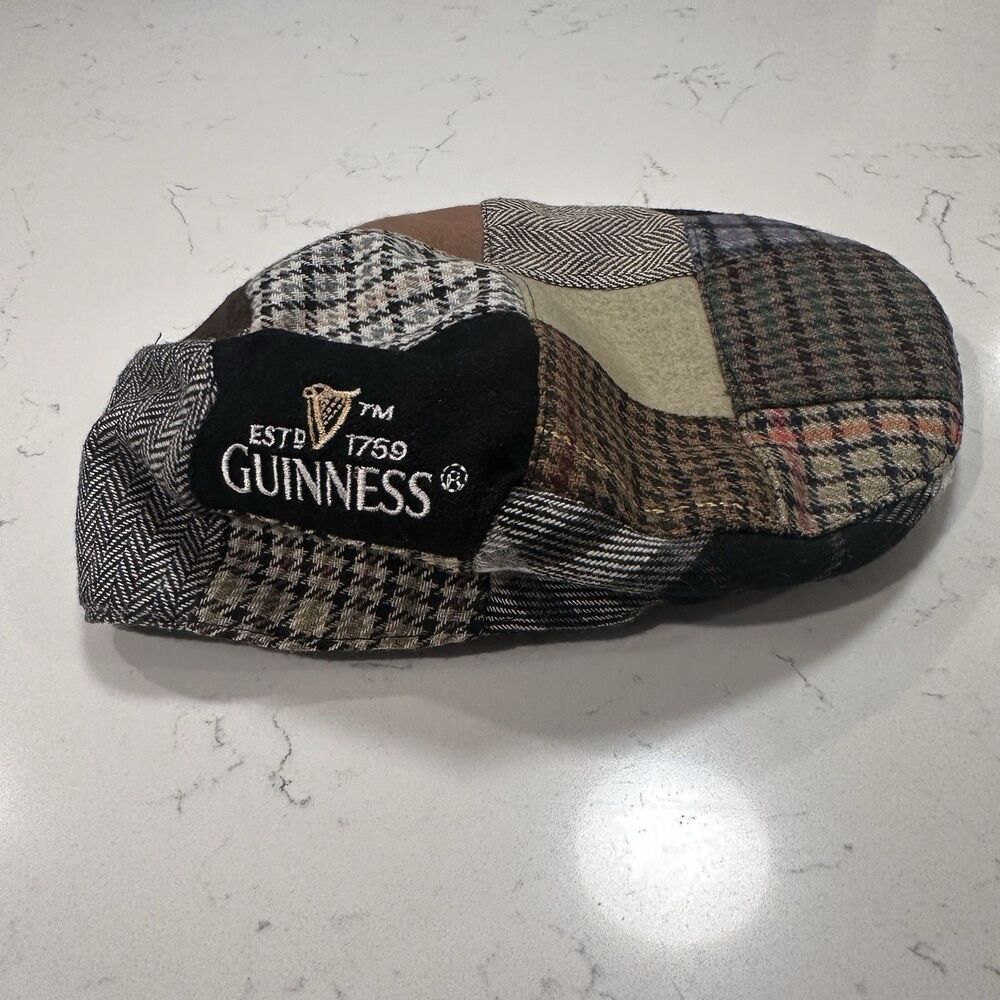 Vintage Guinness Flat Cap L Multicolor Patchwork Herringbone Houndstooth Newsboy